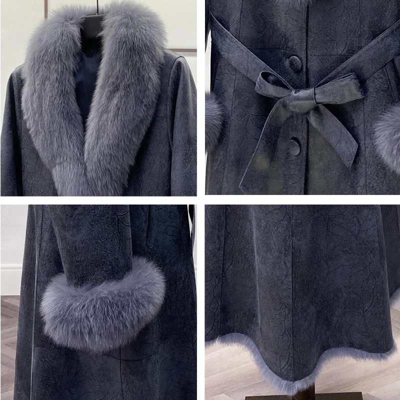 Women Genuine Real Sheepskin V Neck Long Coat Black With Fox Fur Collar Coat Women Natural Rabbit Fluffy Fur Winter Clothes