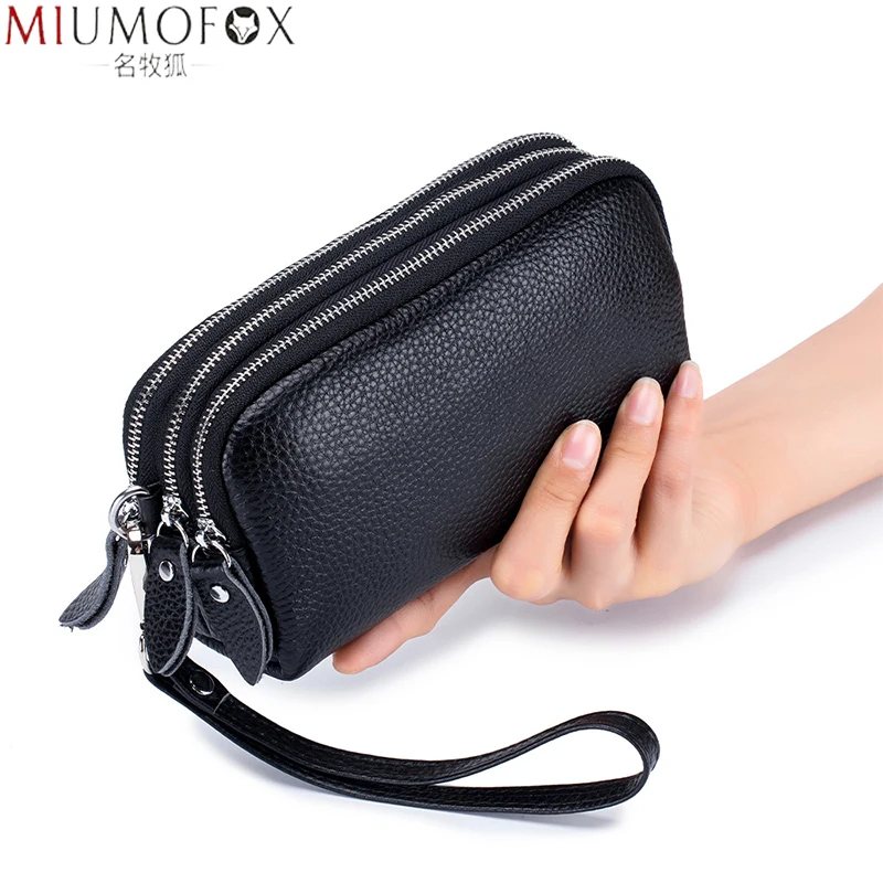 Genuine Leather Women Long Wallet 3-Layer Zipper Clutch Purse Bag 2023 New Large Capacity Wristlet Wallet Phone Bag Money Pocket