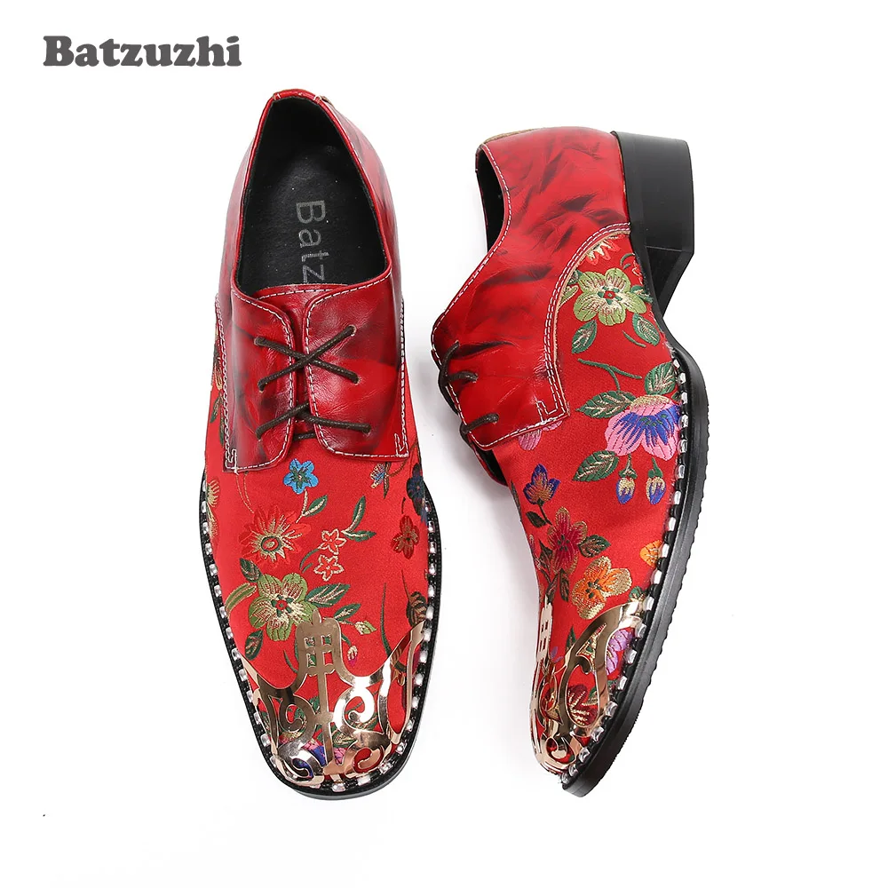 

Batzuzhi Luxury Handmade Men's Shoes Vintage Metal Pointed Toe Printed Leather Dress Shoes Men Red Wedding and Party Shoes Men