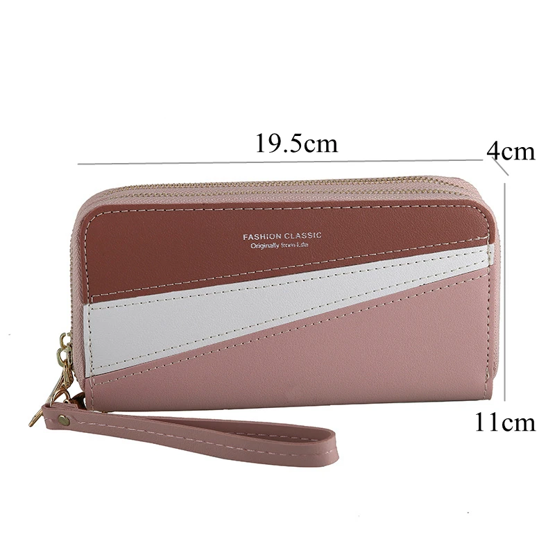 Fashion Women's Double Zipper Wallets Large Capacity Credit Card Holders Female Stitching Long Coin Purses Wristband Clutch Bag