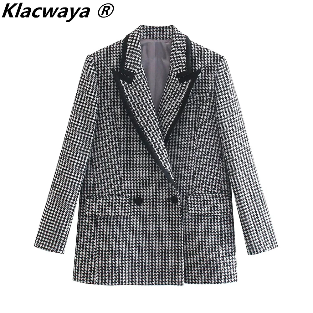 

Klacwaya Blazer Women Houndstooth Jackets For Women 2021 Za Female Suit Coat Double Breasted Pockets Casual Womans Blazers