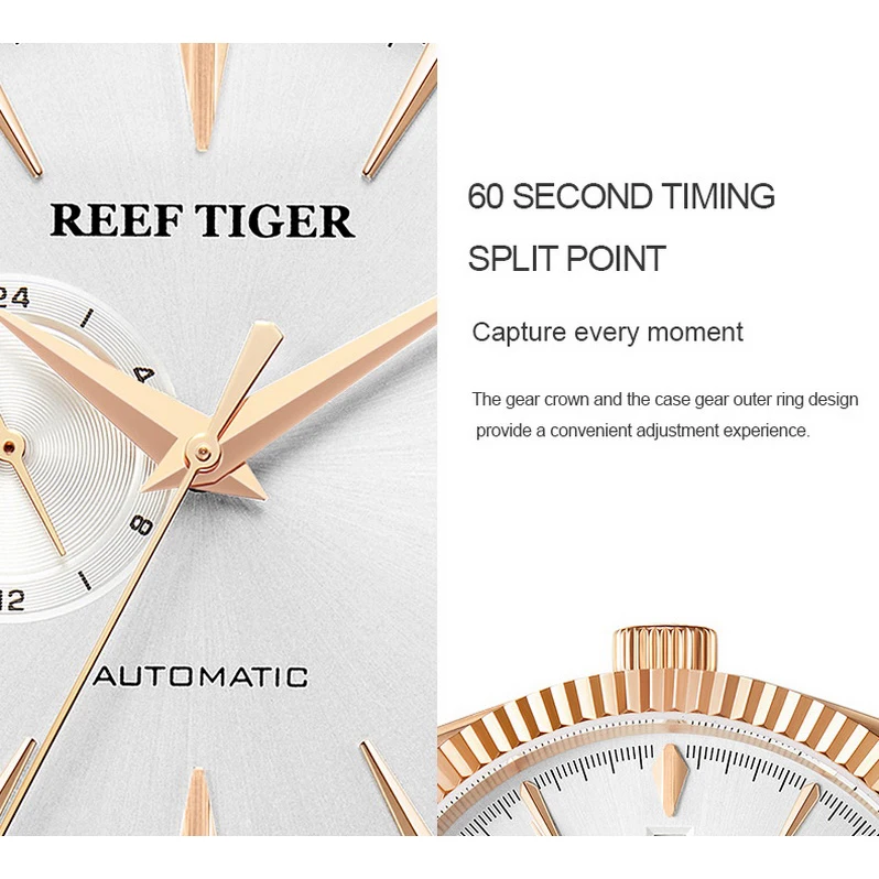 Reef Tiger Reloj automático para hombre, reloj de pulsera mecánico de 42 mm, resistente al agua hasta 5 ATM, segunda esfera pequeña