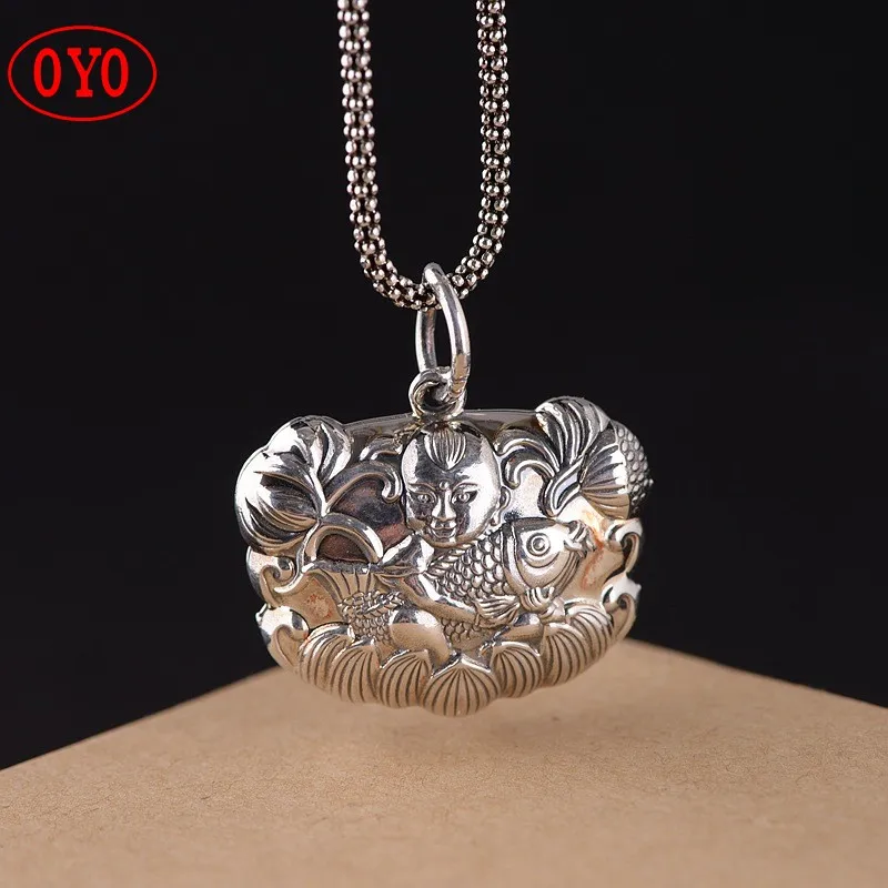 

S925 Silver Vintage Baby Lock Carp Lotus Boy Hollow Pendant