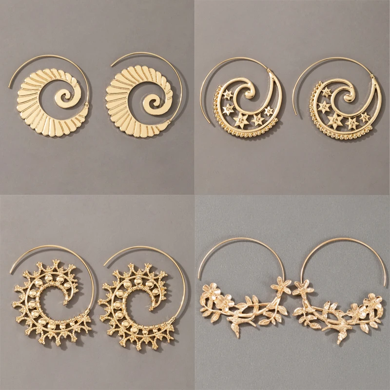 Tocona Vintage Star Spiral Earrings for Women Gold Color Alloy Metal Hollow Geometric Gypsy India Jewelry Gift Accessories