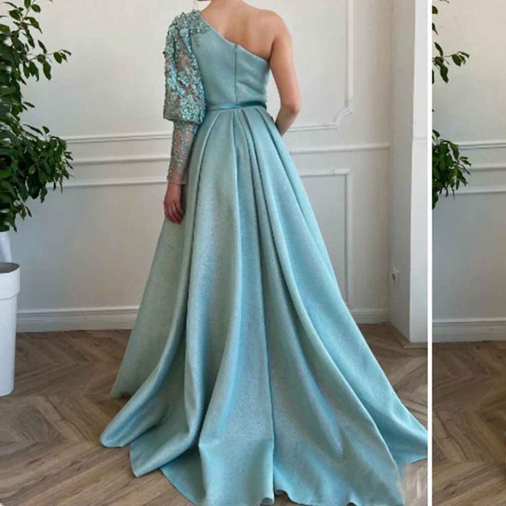 Gaun Malam Applique Renda Manik Tull Biru Es Glamor Gaun Prom Ritsleting Punggung Satu Bahu Leher Perahu Gaun Prom A-line Vestido De Novia