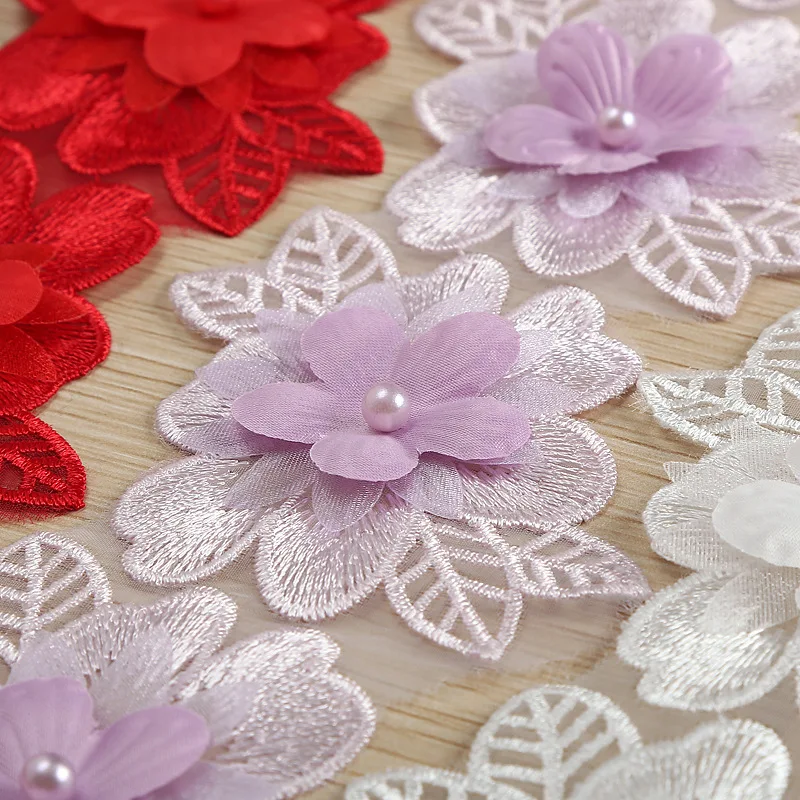 

20Yards 3D Flowers Lace Trim Pearls Trimming Red 3 Layers Ribbon Embroidered Fabric Sewing Craft DIY Handmade Wedding Decoration