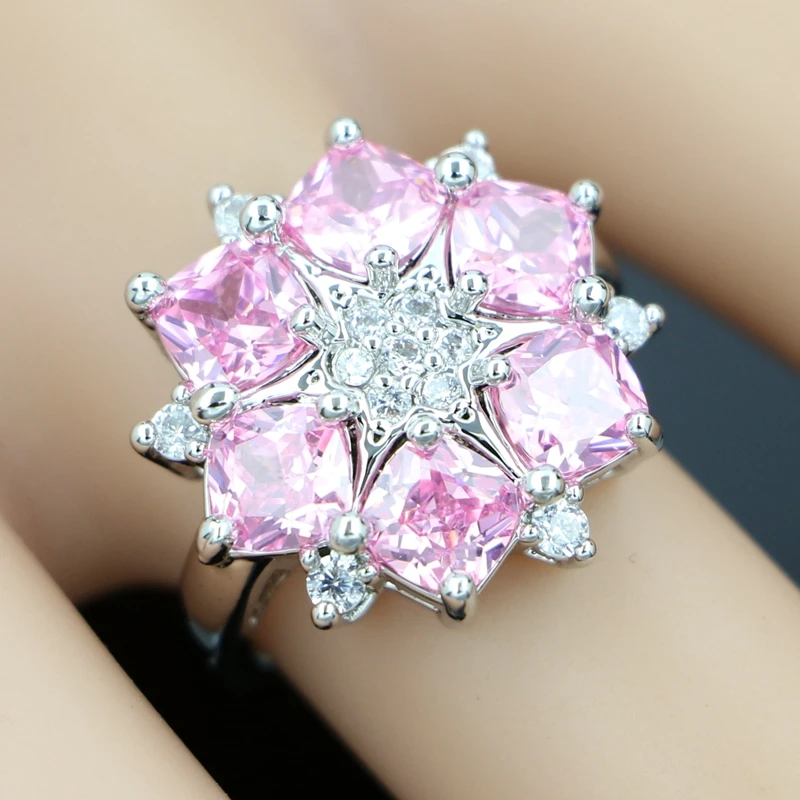 Silver 925 Bridal Jewelry Sets For Women Pink Cubic Zirconia Flower Shape Pendant Necklace Ring Earrings Set