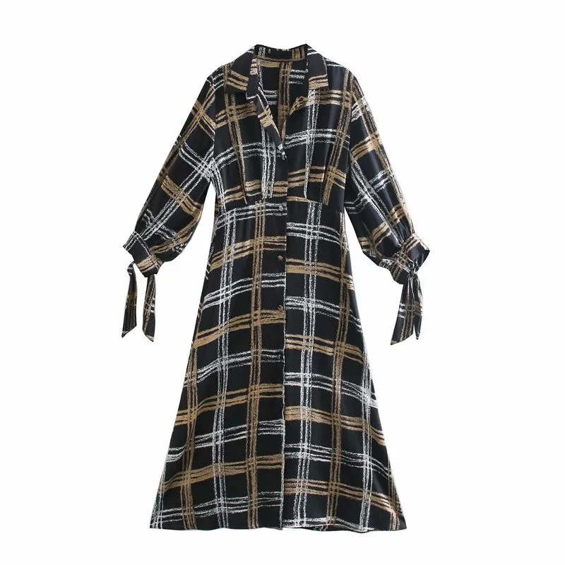 Evfer Women Sprint Fashion Za Plaid High Waist Long Dresses Female Casual Long Sleeve Lace Up Turn-Down Collar Shirt Dress Chic