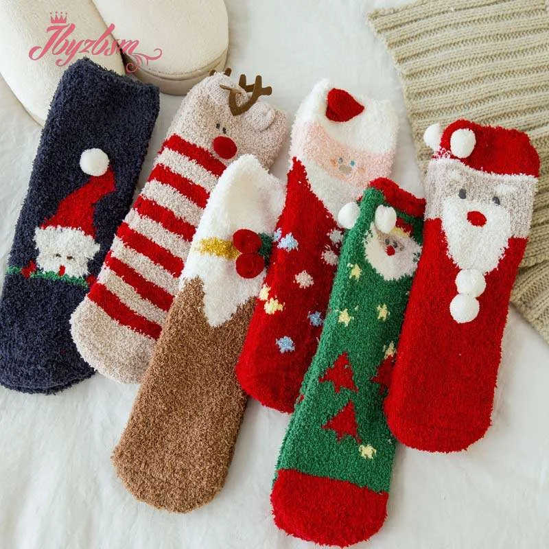 Cute Animal Design Deer Christmas Socks Gift 3D Fluffy Coral Velvet Thick Fleece-lined Warm Winter Sock For Women New Year Gift