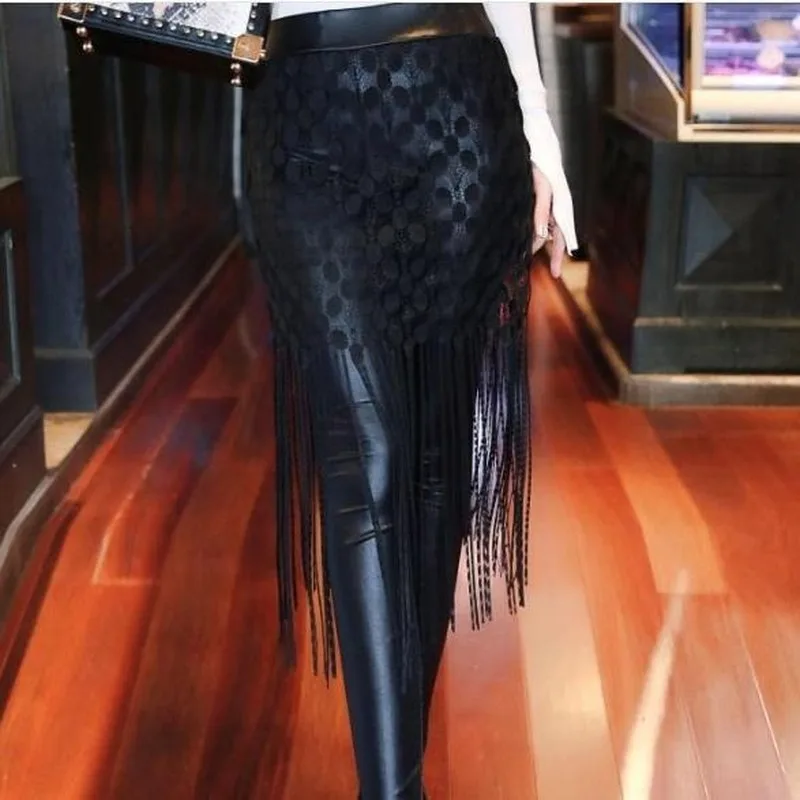 Tassel Leggings Fashion Lift Hips Slimming Lace Fake Two-Piece Bottoming Skort Lady Pu Faux Leather Pants Women's Sheath Pants