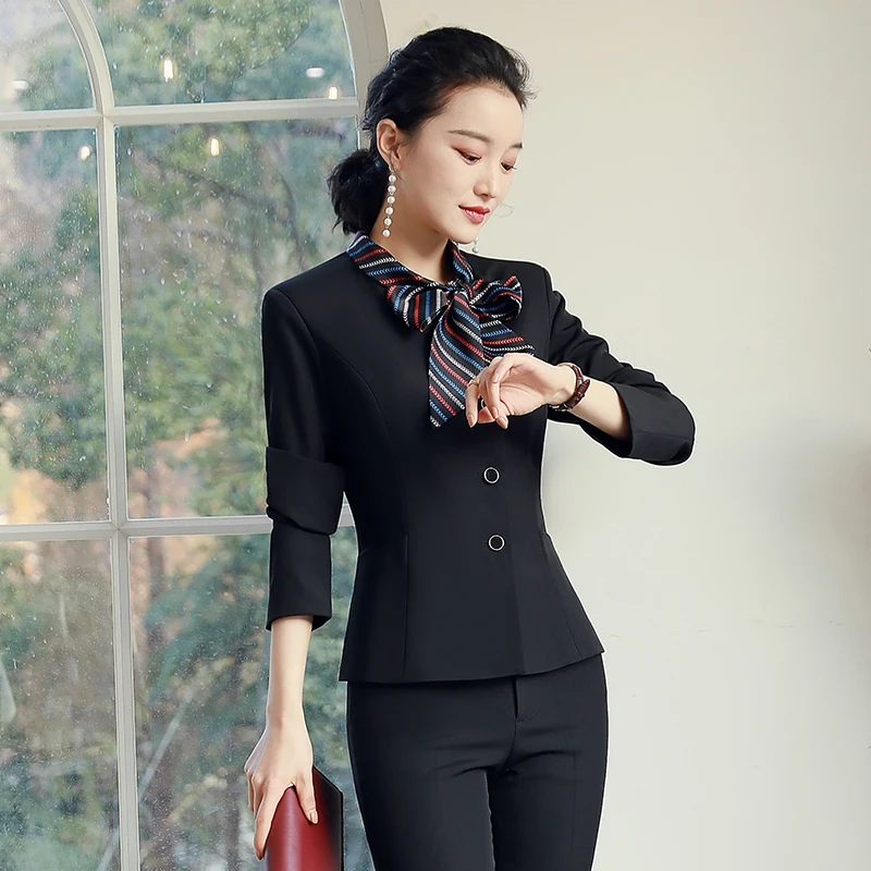 2021 Fashion Formal Uniform Designs Business Suits for Women OL Styles Professional Office Work Wear Blazers with Scarf Collar