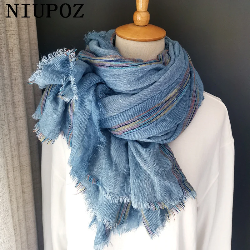 Fashion New Design Color Stripe Double Layer Wrinkle Winter Women Solid Scarf Warm Long Elegant Wrap Acrylic Shawl