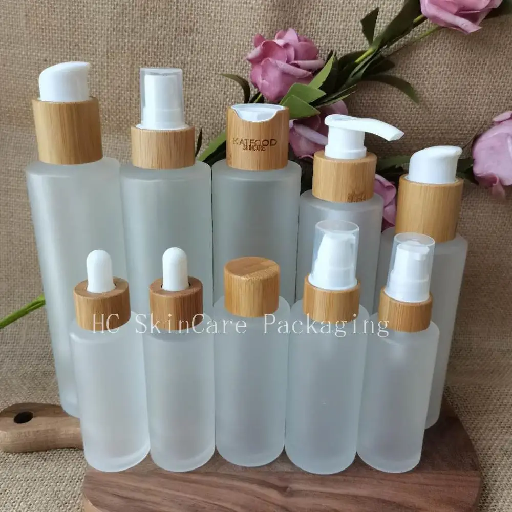 Groothandel Lege Huidverzorging Toner Flessen Bamboe Deksel Frosted Glazen Fles Cosmetische Containers Verpakking Flessen Body Lotion Fles