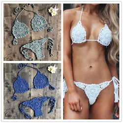 CROCHET BIKINI Sexy Set Women Crochet Swimsuit Solid Bikini Backless Swimwear Low Waist Bathing Suit Female Brazilian Bikini