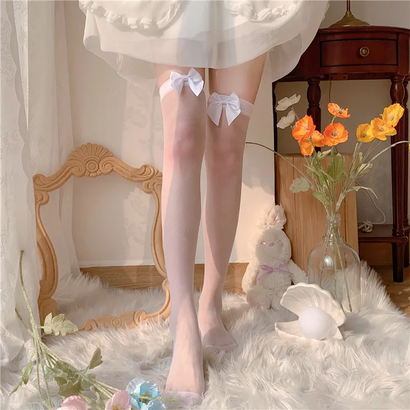 

Japanese Lolita Socks Women's Summer Bow Knee Socks Long White Silk Stockings JK Hold-Ups Thin