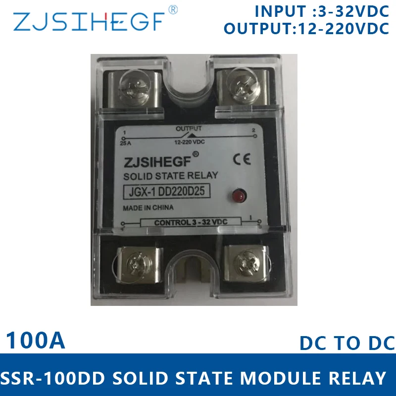 100A SSR DC Control DC ZJSIHEGF SSR-100DD Solid State Relay Input  3-32V  To Output  5-60V AC  For Automation