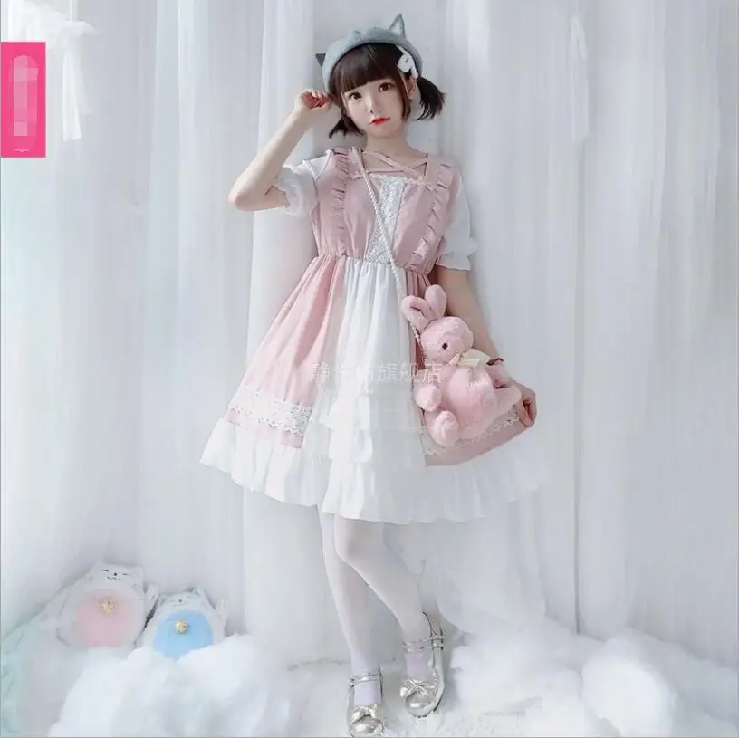 Sommer Lolita Japanischen Mori Mädchen Laterne Kurzarm Kleid Cos Lolita Akademie Stil Kawaii Tee Party Prinzessin Loli Kleid