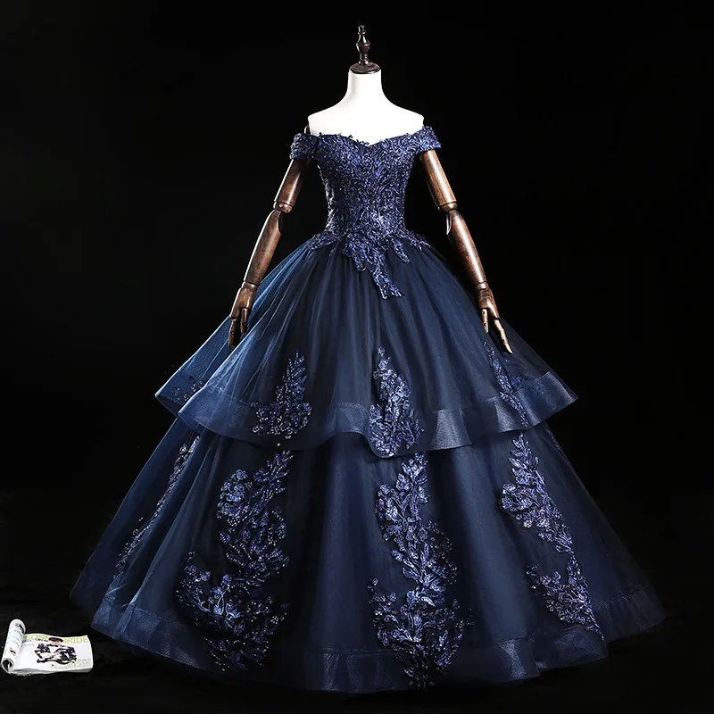 Vestido de quinceanera, novo vestido 2020, ombros de fora, azul marinho, rosa, dourado, formal, baile, festa