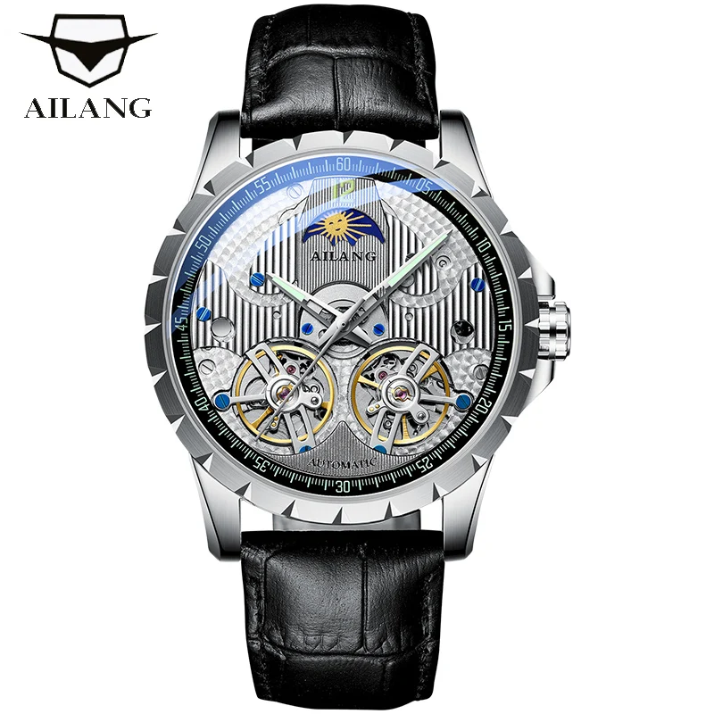 AILANG Men Watch Brand New Design Tourbillon Mechanical Mens Leather Moon Phase Luxury Man Watches Skeleton Clock