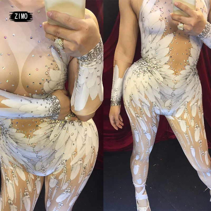 Pena branca impressa asas anjo strass macacão sexy nightclub cantor dança outfit bodysuit palco macacão festival outfit