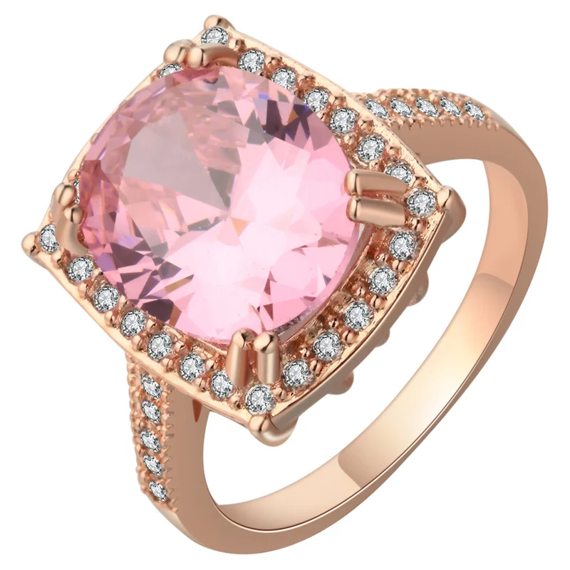 

Fashion Pink Zirconia Cocktail Party Ring Band Romantic Rose Gold Color Vintage Engagement Finger Ring with Size 6-10