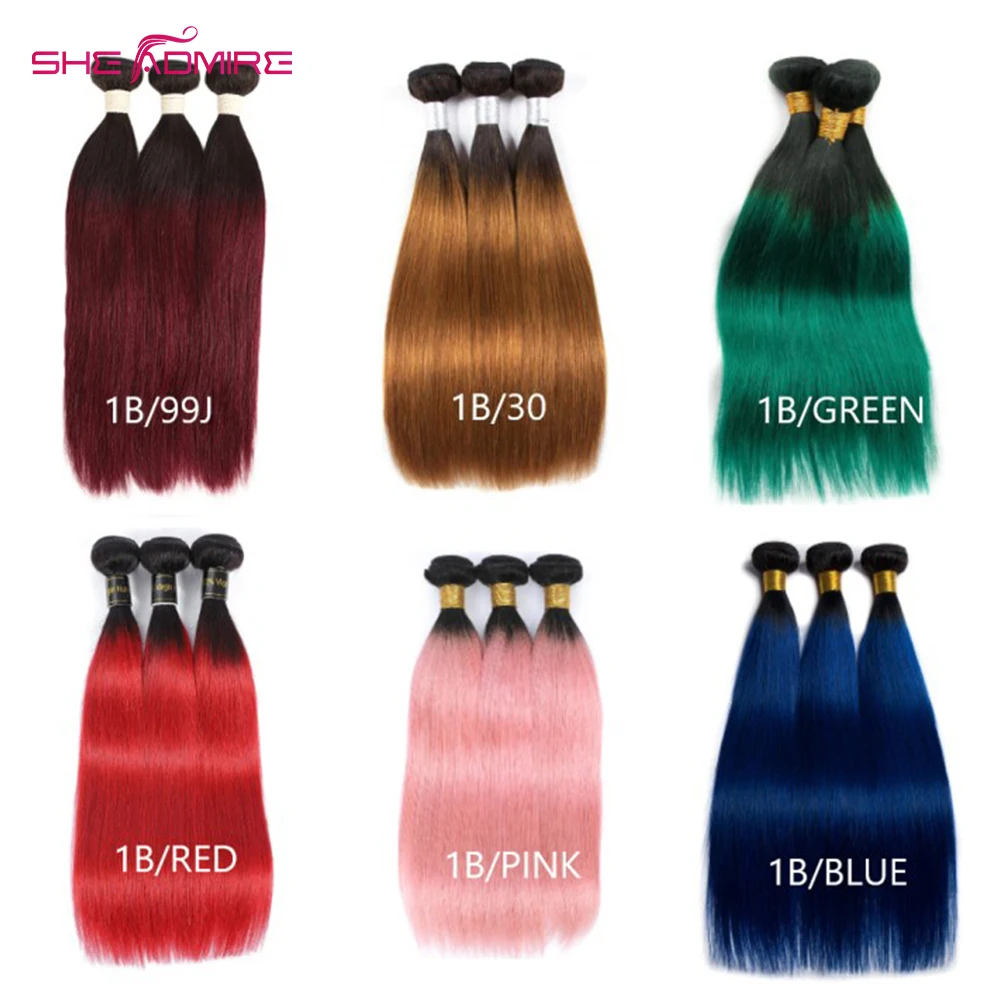 

Straight Ombre Human Hair Bundles She Admire 3 Bundles Pre Colored 1B/99J/30/Green/Red/Pink/Blue Brazilian Remy Hair Extensions