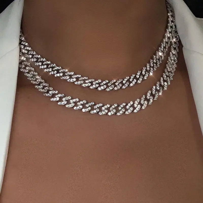 Punk 9MM Iced Out Bling Miami Cuban Link Chain Mixed Color Miami Curb Choker Crystal Rhinestone Necklace For Women Jewelry Party