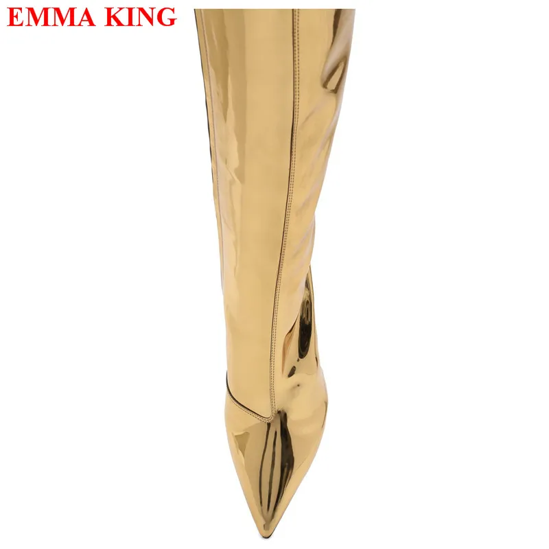 Fashion Gold Metallic Patent Leather Thigh High Boots Runway Pointed Toe High Heels Over The Knee Boots Design Long Knight Boots