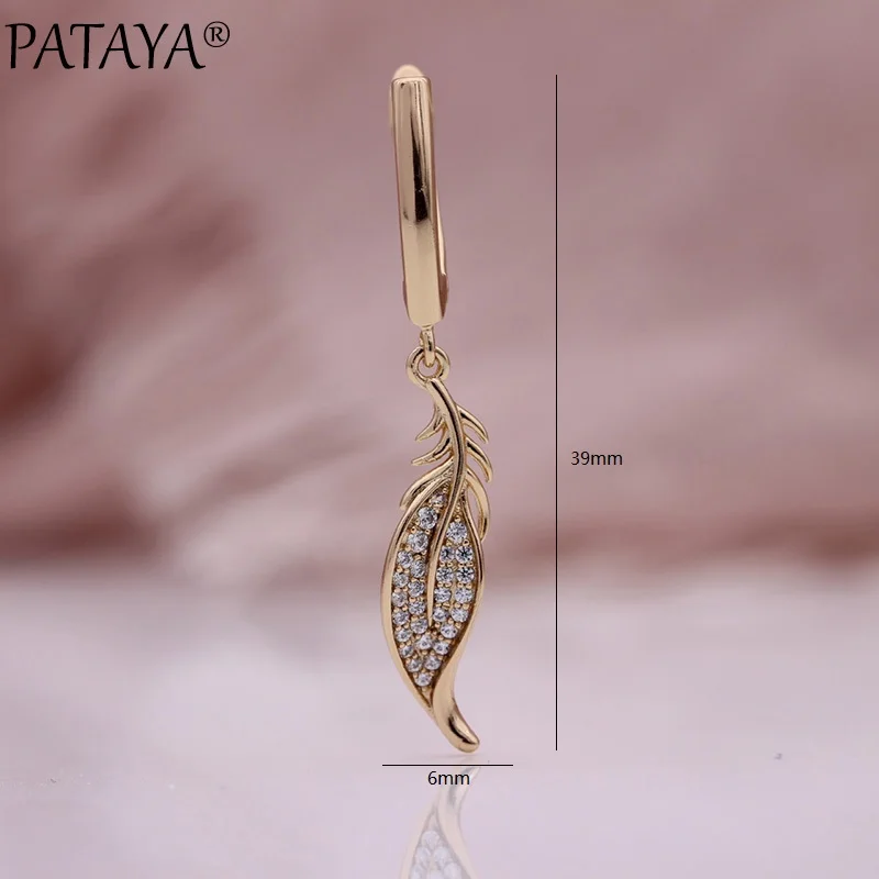 PATAYA New Long Leaf Dangle Earrings Natural Zircon Stereoscopic Women Earring 585 Rose Gold Color Wedding Fine Fashion Jewelry