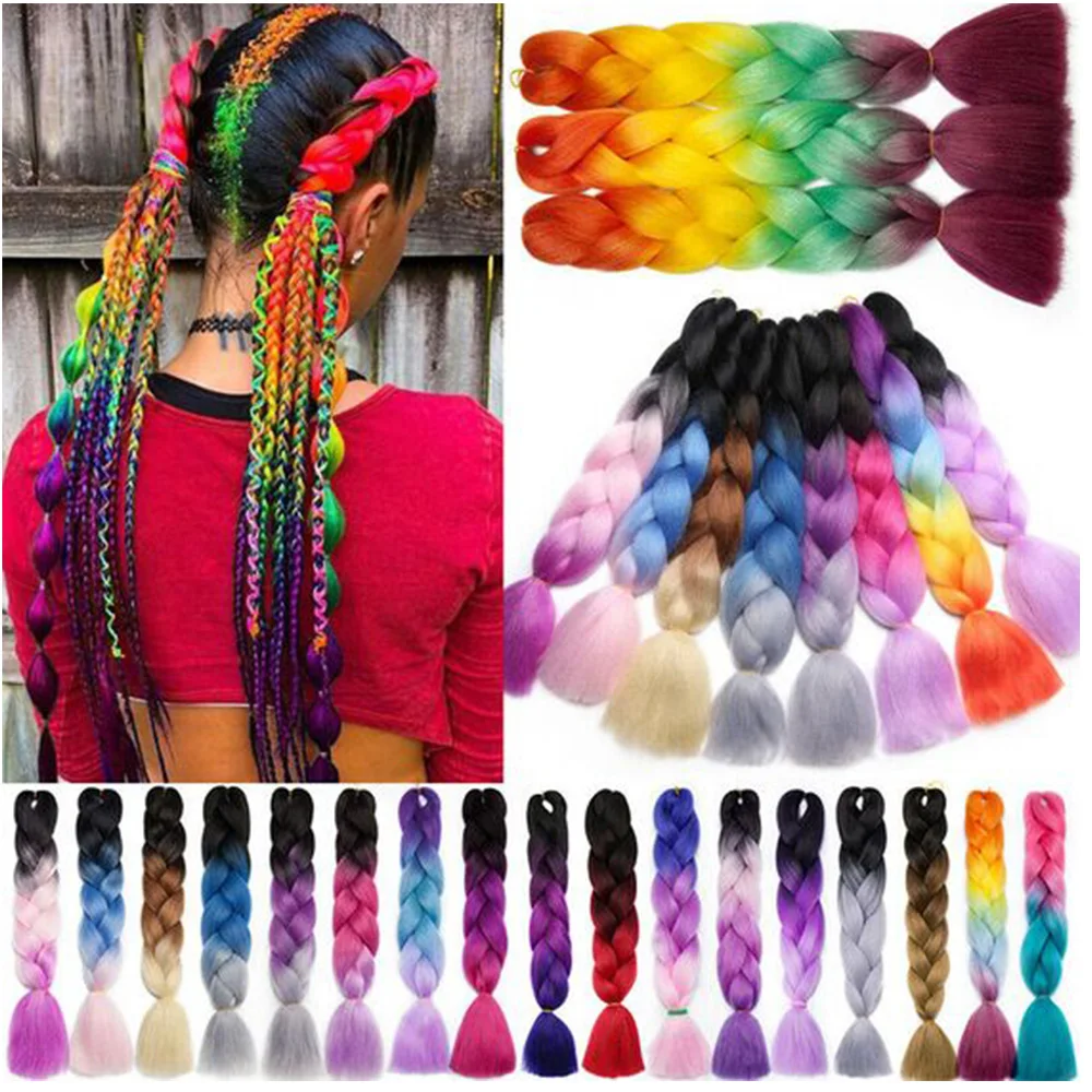 Lihui 24”Synthetic Braiding Hair Pink Jumbo Braids Hairstyles Purple Blue Blonde Ombre Hair Extensions For Women 100G/Pack