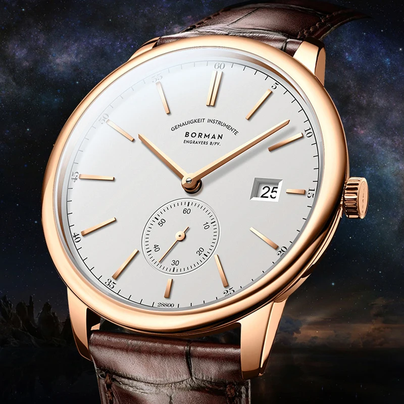 BORMAN Luxury Mens Automatic Mechanical Watch Rose Gold Case Sub Dial Sport Watches Genuine Leather High Quality Gentleman Clock