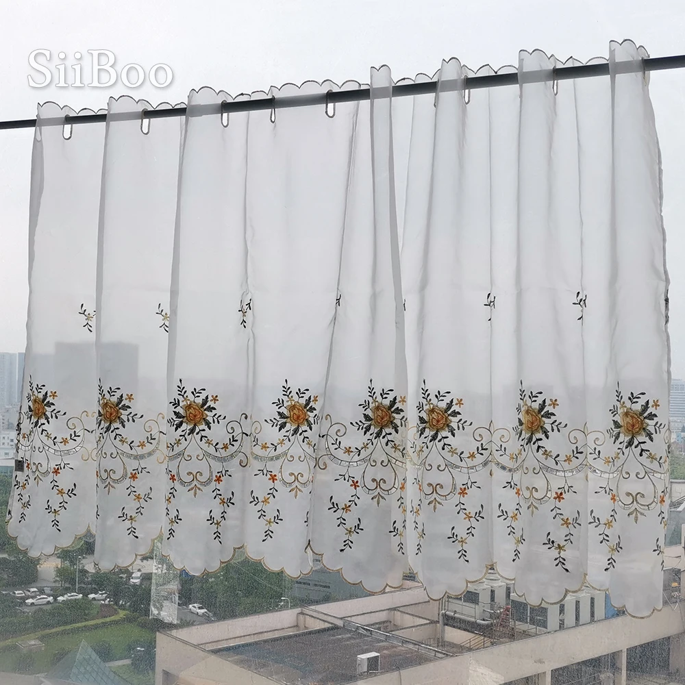 Pastoral style yellow floral embroidery lace half-curtain bay window curtain for coffee kitchen room tulle SP4155 Free shipping