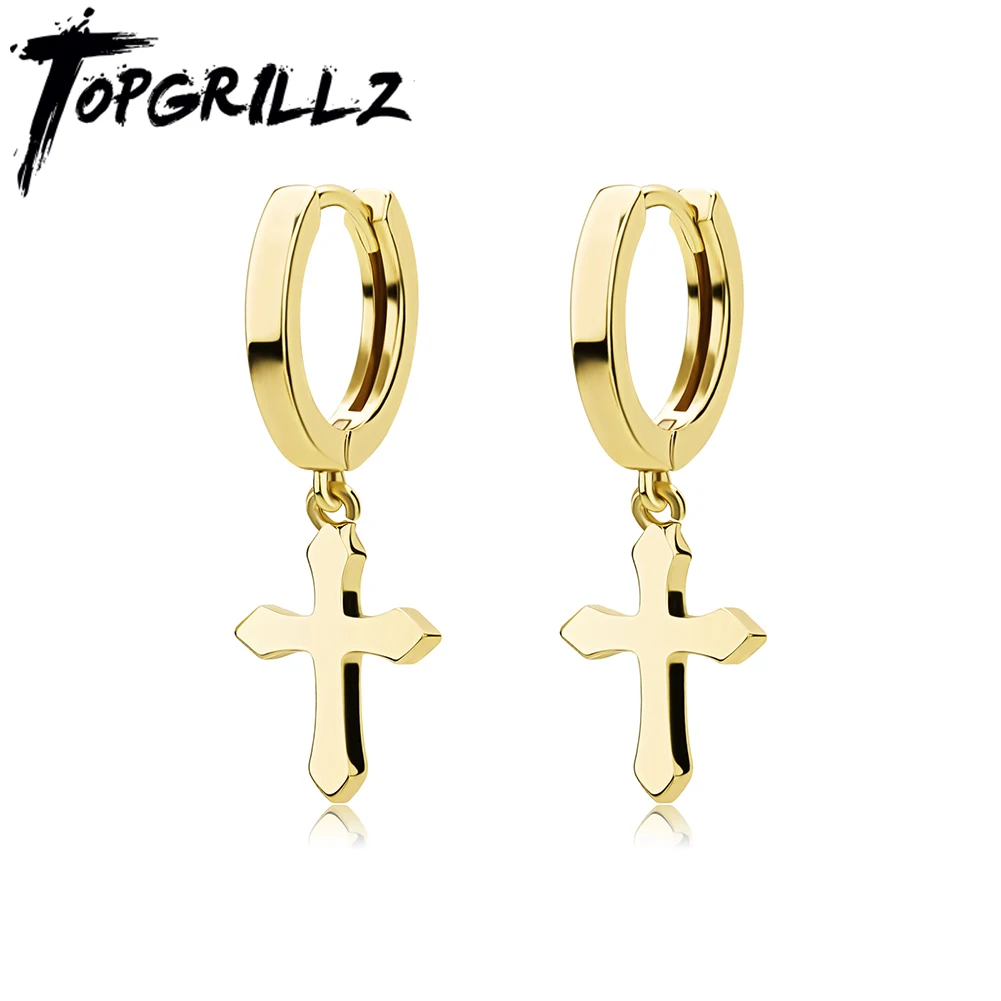 TOPGRILLZ New Stainless Steel Cross Earrings Classic Minimalist Gold Color Dangling Cross Hoop Earrings For Men Women Jewelry