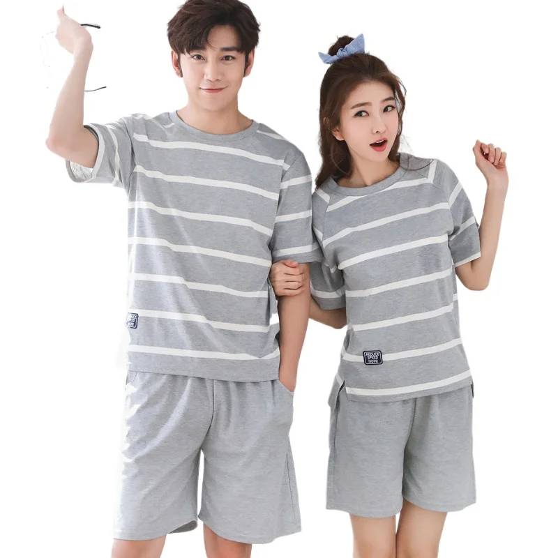 

Couple Nightwear Suit Summer Sweet Short Sleeve Pajamas Striped Casual Homewear Men Big Yards M-3XL Cotton Pijamas Mujer