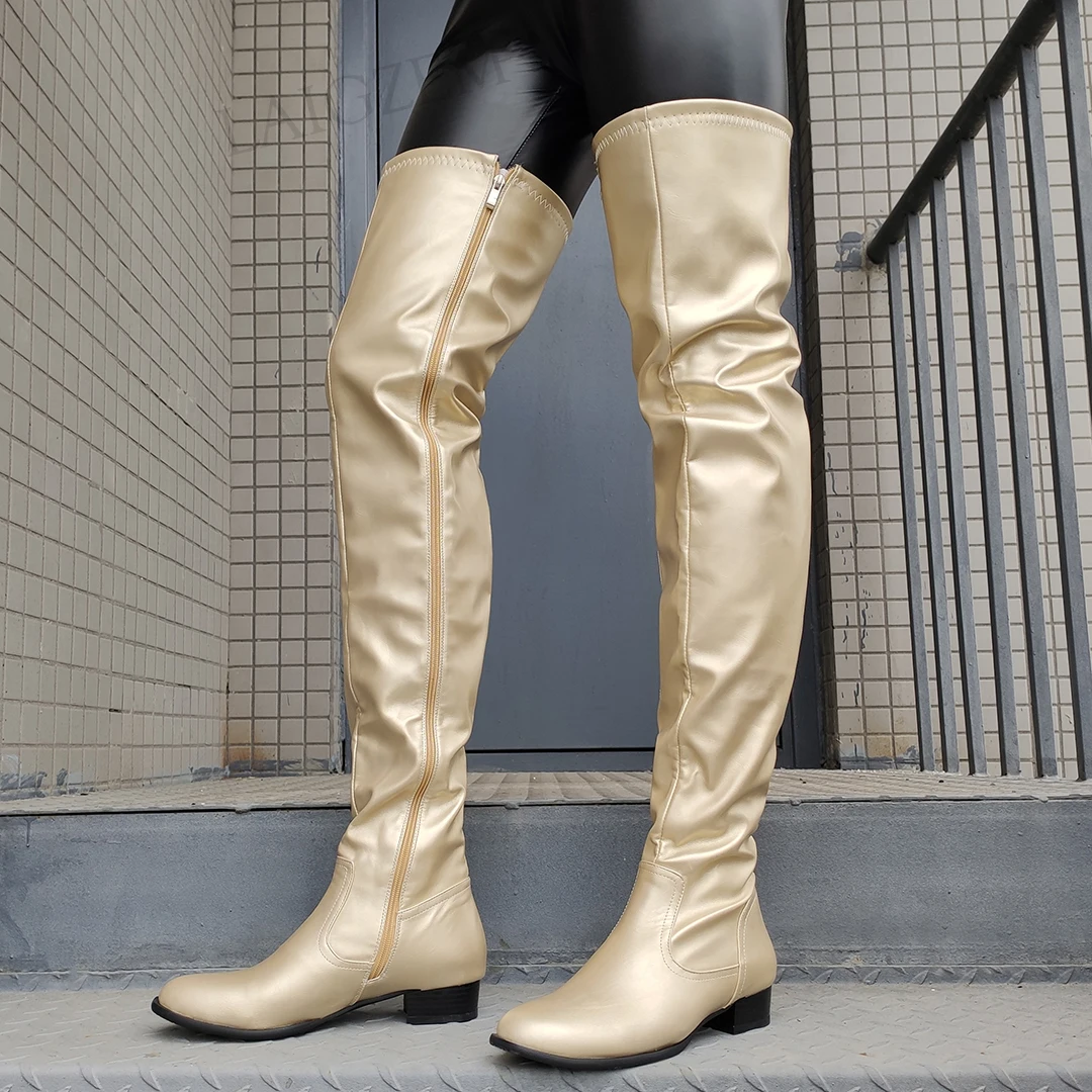 SEIIHEM Women Over Knee High Heeled Boots Side Zip Up Female Handmade Gold Silver Shoes Woman Donne Stivali Big Size 42 48 50 52