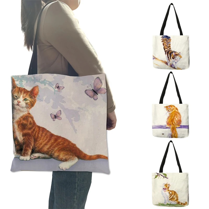 Ladies Shopping Bag Handbags Cute Watercolor Pastoral Cat Painted Cloth Tote Bags Women Eco Reusable Shoulder Shopper Bags