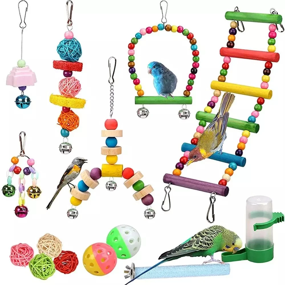 

14 pcs bird toy set swing chew training toy small parrot hanging hammock parrot cage bell perched ladder pet feeding toy