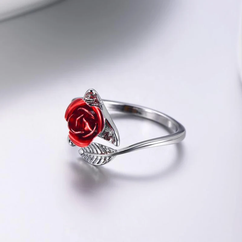 Red Rose Flower Leaves Opening Ring For Women Rhinestone Flowers Adjustable Finger Ring Valentine's Day Engagement Jewelry Gift