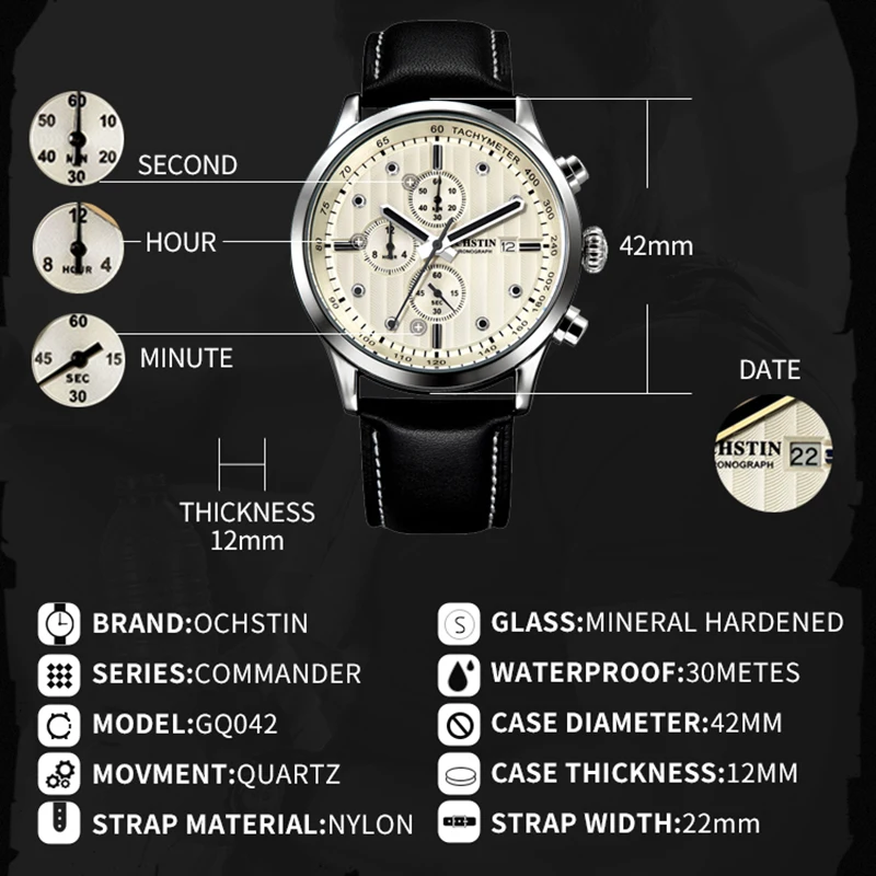 2023 NEW OCHSTIN Men Watch Luxury Waterproof Luminous Chronograph Date Man Wristwatch Military Quartz Men\'s Watches High Quality