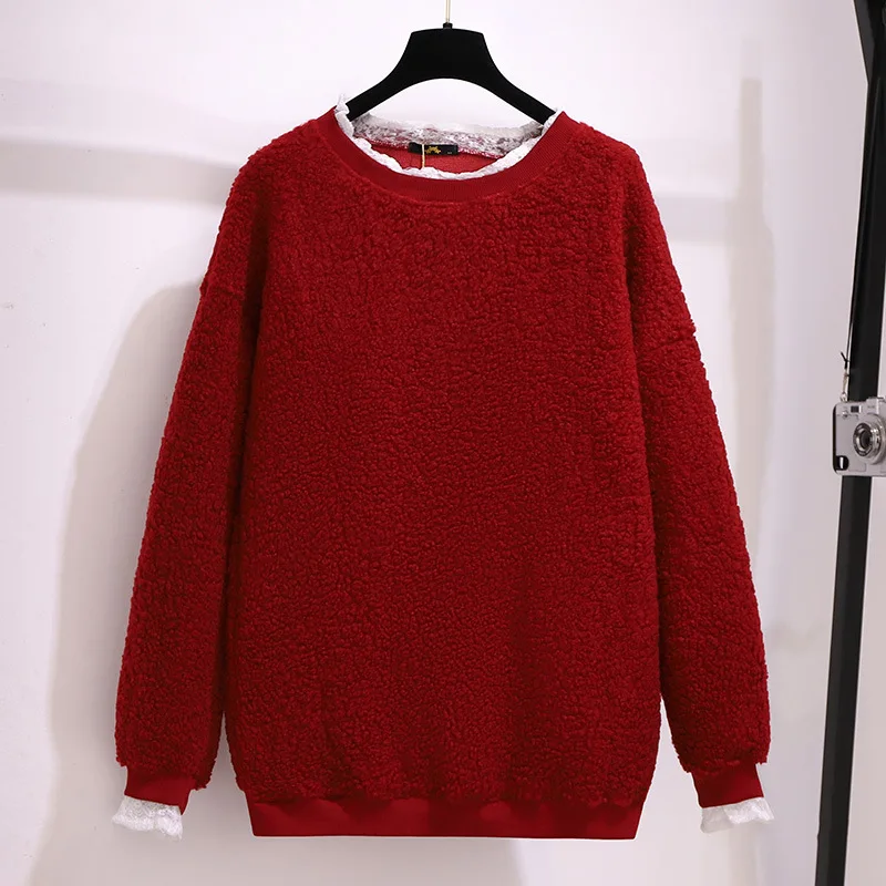 New 2021 Autumn Winter Plus Size Women Clothing Pullover Long Sleeve Loose Red Fleece Sweatshirt Coat 3XL 4XL 5XL 6XL 7XL