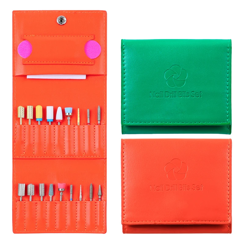 Orange Green PU Leather Nail Drill Bit Storage Bag Large Capacity 18 Slot Organizer Holder for Manicure Accessories Fashionable