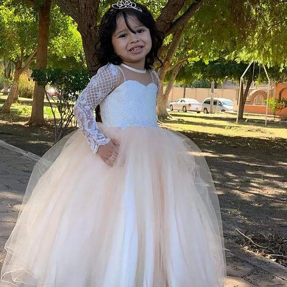 

Sheer Neck Lace Tutu Flower Girl Dresses Lilttle Kids Birthday Pageant Weddding Gowns Fashion Tulle Elegant