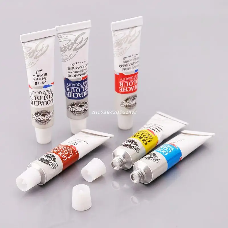 Conjunto de tubos de tinta guache 12 cores, 6ml, pintura de pigmento de desenho com escova, materiais de arte, dropship