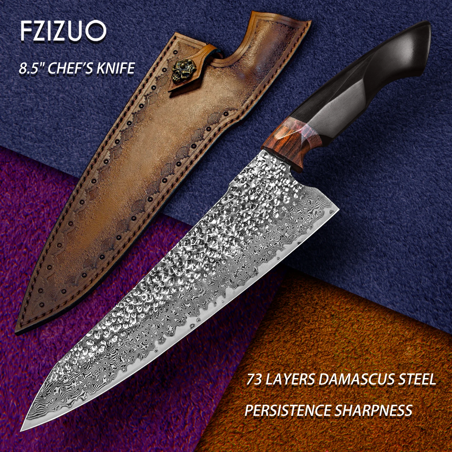 FZIZUO 8.5 Inch High Carbon VG10 Damascus steel Chef Knife Ebony Handle Gyuto Knife Stainless Steel Kitchen Knives Cooking Tools