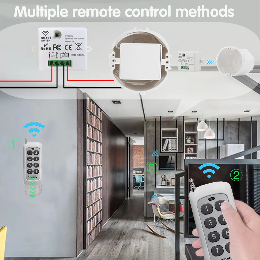 Mini interruptor de luz inteligente inalámbrico con Control remoto, 200M de distancia, 433 Mhz, receptor de relé RF, interruptor Ac220V para ventilador de lámpara Led para el hogar