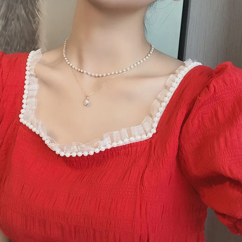 Doppel-schichten Imitation Perle Halsketten für Frauen Runde Perle Anhänger Halskette Koreanische Mode Charme Hals Zubehör Collares – Detail 6