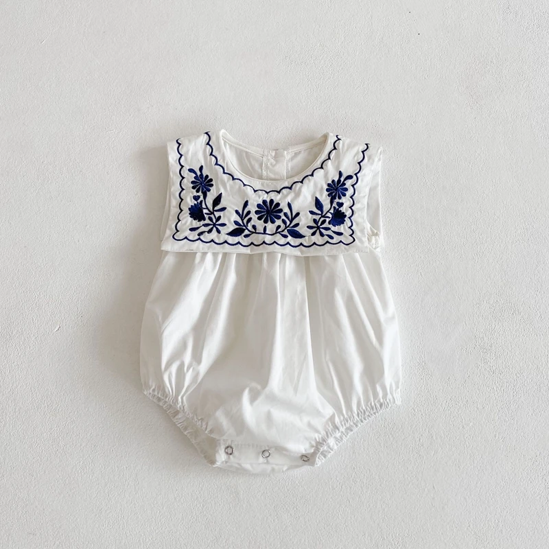 Summer Baby Girls Romper Cotton Linen Bodysuit Infant Rompers Newborn Clothes Navy Collar Embroidered Sleeveless Rompe