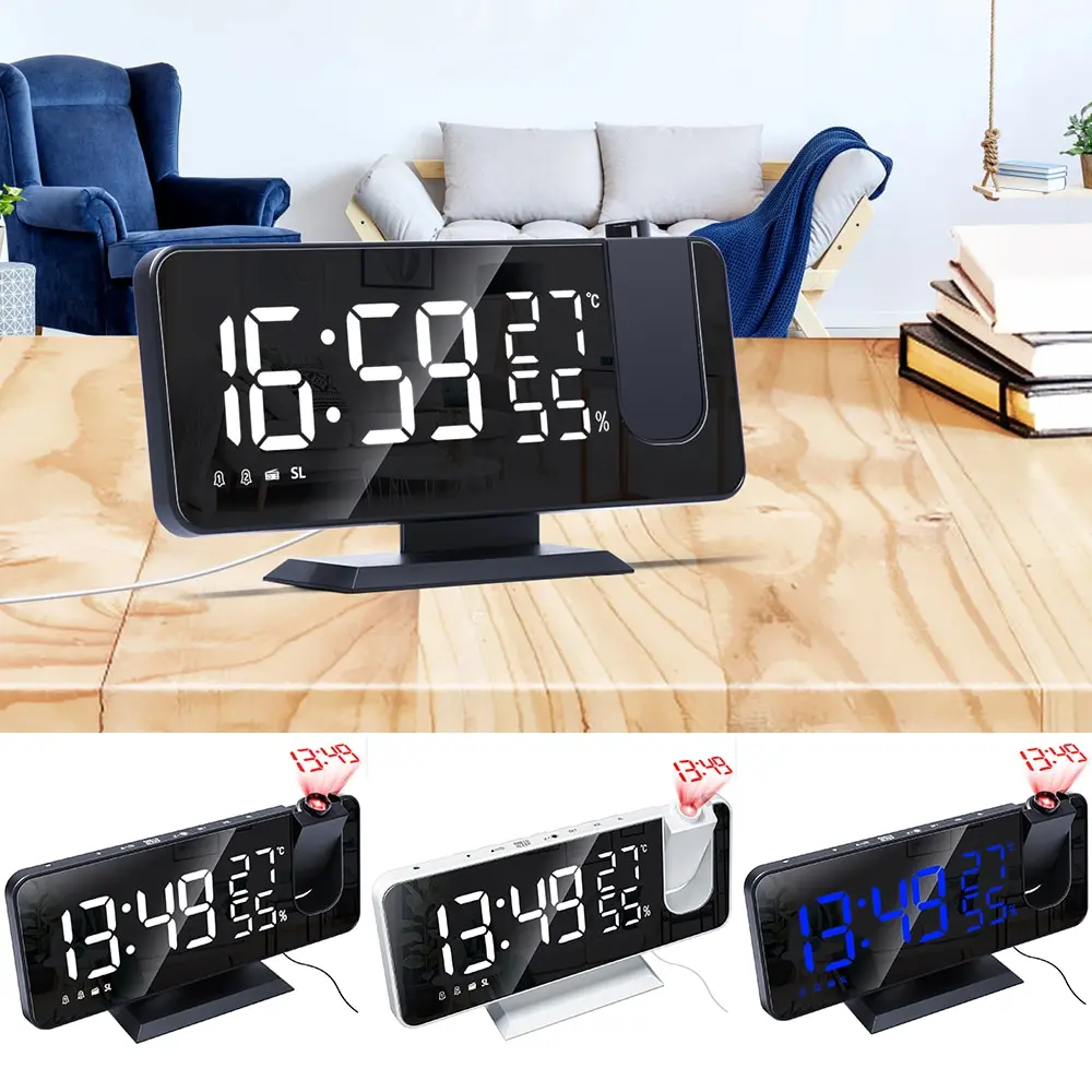 

FM Radio LED Digital Smart Alarm Clock Watch Table Electronic Desktop Clocks USB Wake Up Clock with 180° Time Projector Snooze