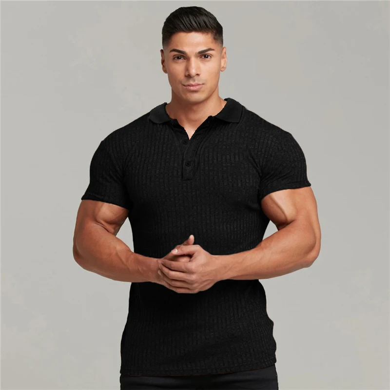 Knitted Polo Shirt Men Gym Fitness Skinny Short Sleeve T-shirt Male Bodybuilding Tee Shirt Sports Polos Summer Workout Clothing