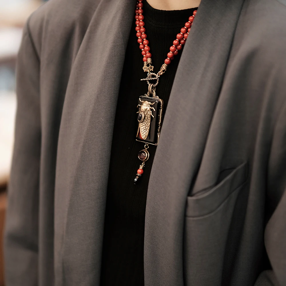 Amorita boutique vintage design cicada Keratoisis Natural Red Sea Bamboo Beads Agate necklace
